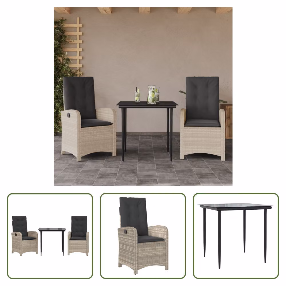 The Living Store Set da pranzo da giardino 3 pezzi con cuscini in rattan grigio chiaro