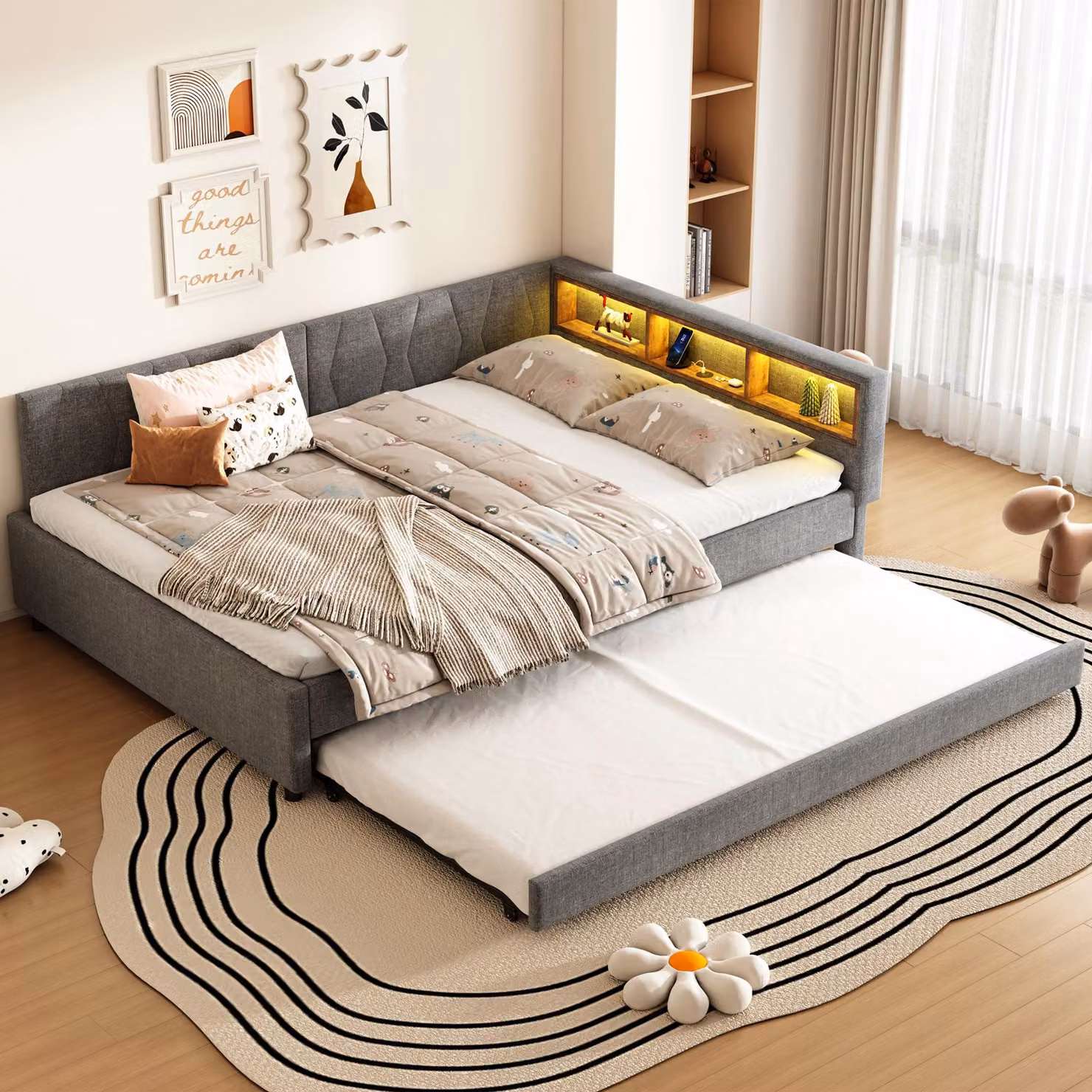 MODFU Divano letto 140×200, letto da giorno senza materasso con rete a doghe e contenitore, letto estraibile con USB+Type-C, illuminazione ambientale a LED, grigio
