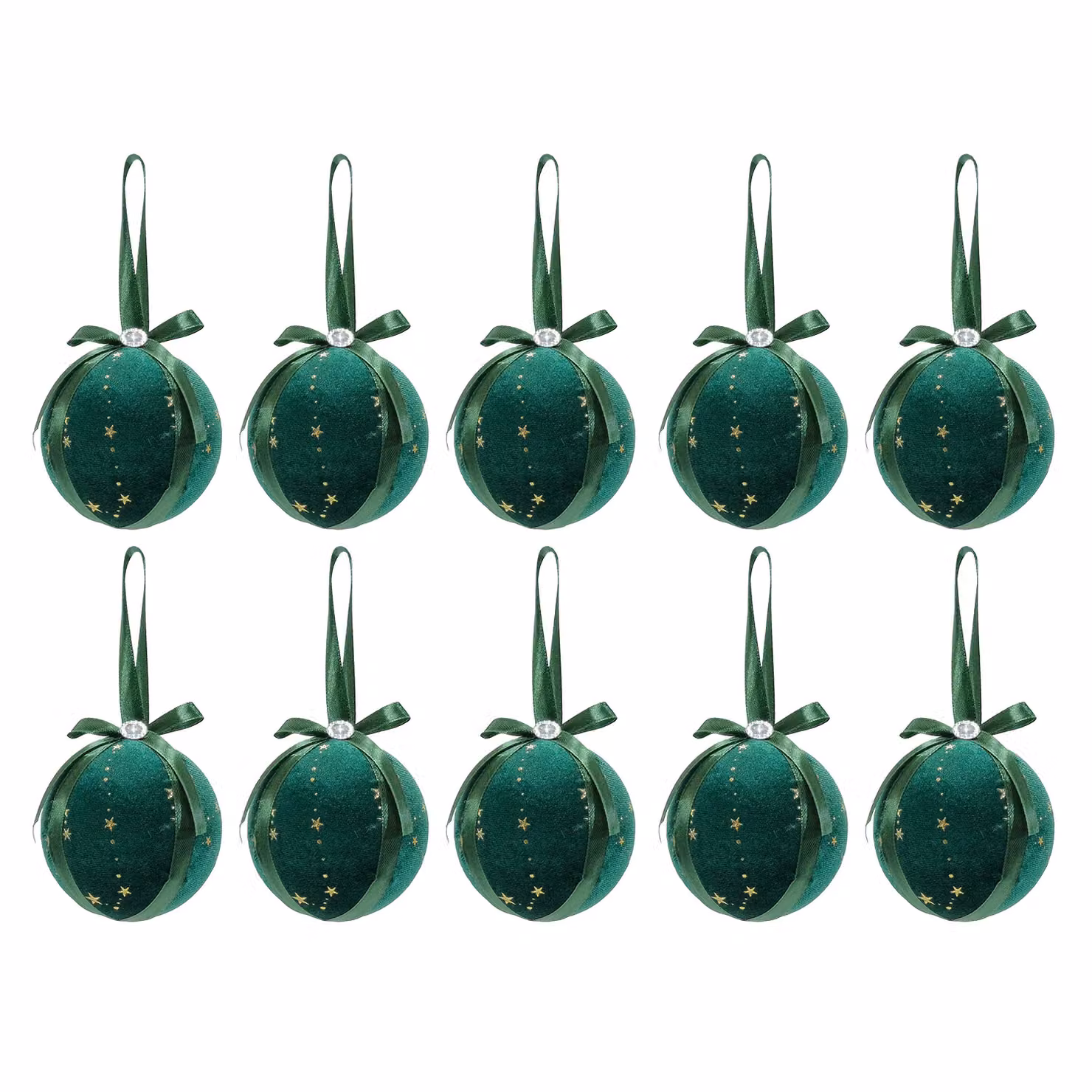 VESTIAMO CASA Set di 10 palline di Natale in tessuto verde e oro con decorazioni a stelle, diametro: 6 cm – 1