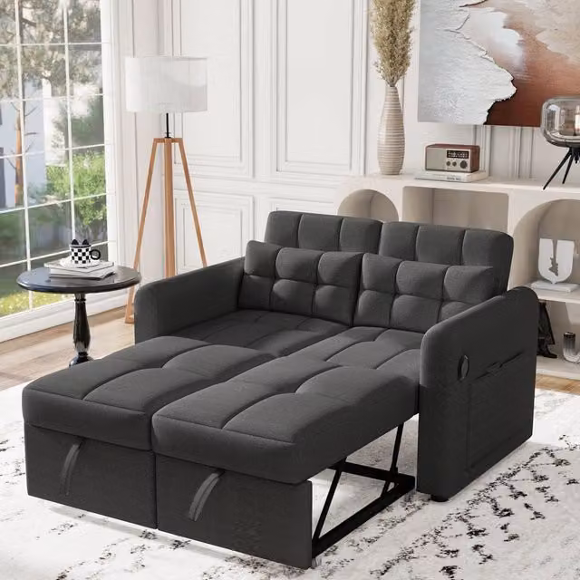 Divano convertibile da 3 a 1 142x85x83 cm con schienale regolabile; USB; braccioli e tasche per cuscini; Soggiorno; cotone e lino; Grigio