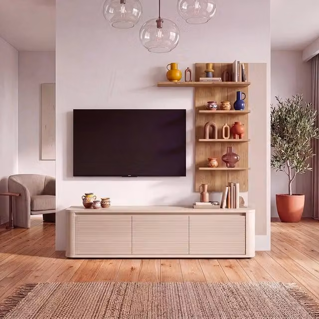 Soggiorno parete attrezzata Core piccolo con porta tv e libreria pensile in rovere e cashmere