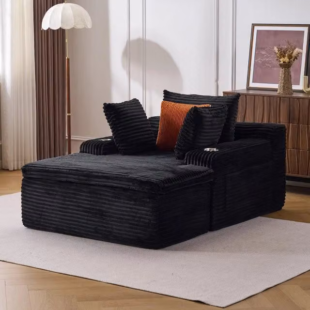 Divano Letto con Chaise Longue ¨C MINIMAL ¨C Nero, 3 Cuscini, Senza Montaggio