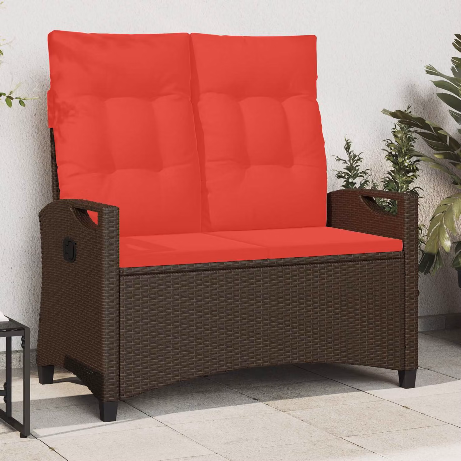 Panchina da giardino moderna vidaXL in rattan e metallo, Marrone e Rosso, L: 105 cm, P: 60 cm, H: 112 cm
