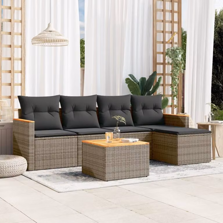 vidaXL Set Divano da Giardino a L in Polyrattan Grigio con Cuscini e Tavolino da 6 Pezzi