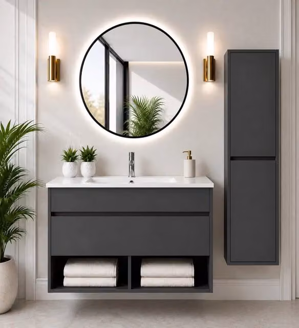 Mobile bagno sospeso con lavabo ORIGENBATH NEBARI con cassetto con colonna 90x45 cm grafite con colonna