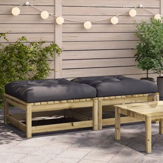 Set di 2 poggiapiedi da giardino vidaXL in legno di pino trattato con cuscini color antracite
