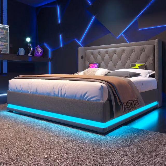 Letto matrimoniale imbottito 180x200 grigio in cotone con contenitore idraulico; LED e USB-C
