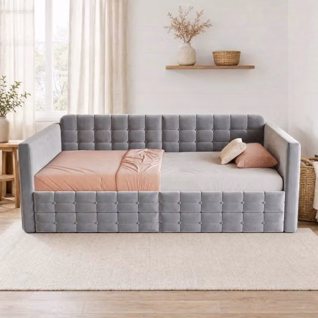 Letto Imbottito REDOM in Velluto Grigio con 2 Cassetti e Tasche Laterali L/P/H: 90 x 190 cm
