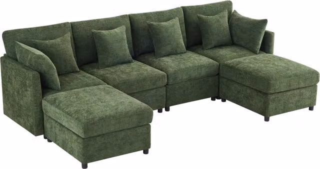Divano modulare 4-6 posti trasformabile in U e L con 2 pouf e 6 cuscini in tessuto chenille verde