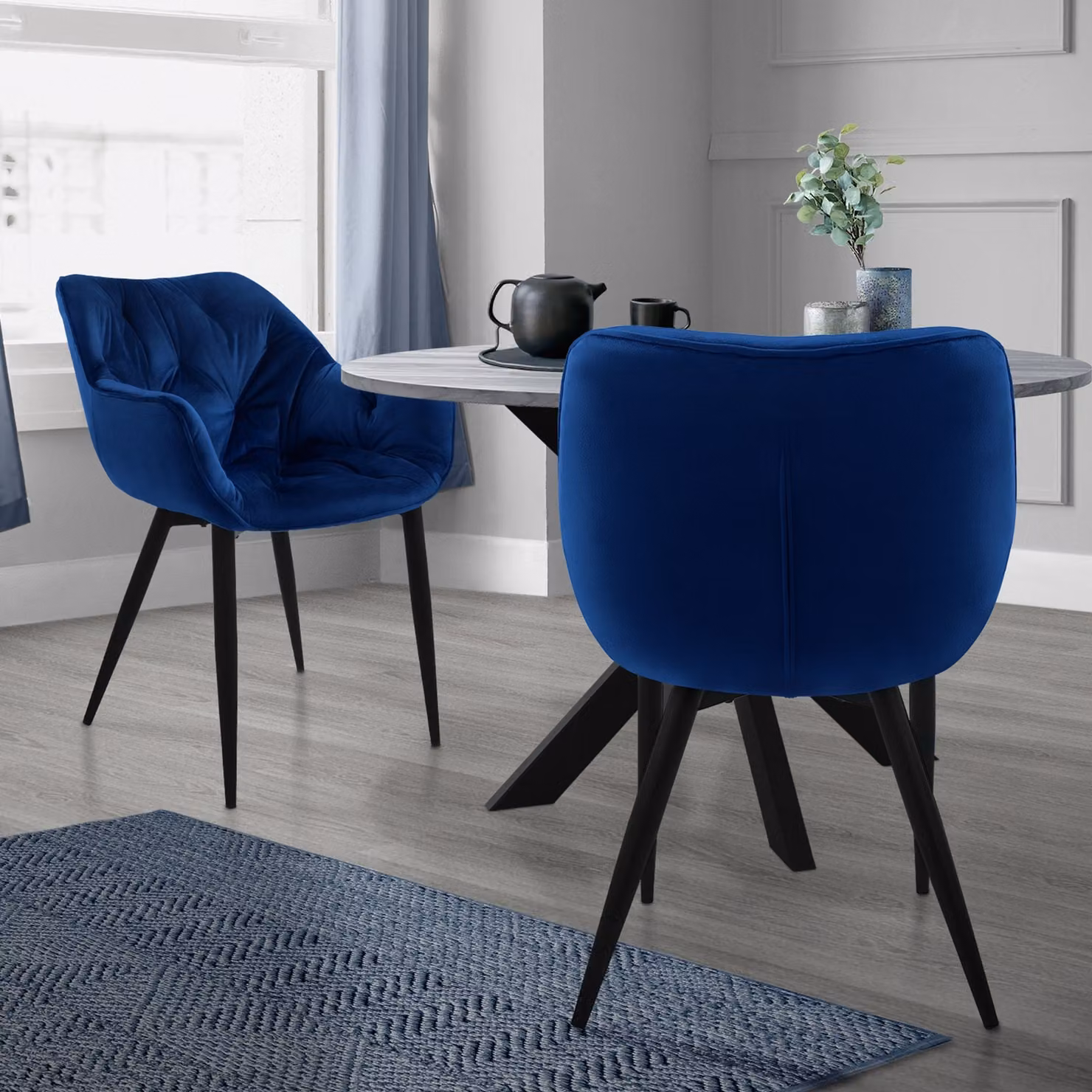 ML-Design set di 2 sedie da pranzo blu scuro, sedia da cucina con seduta imbottita in velluto spesso, gambe in metallo, sedia da soggiorno con schienale e braccioli