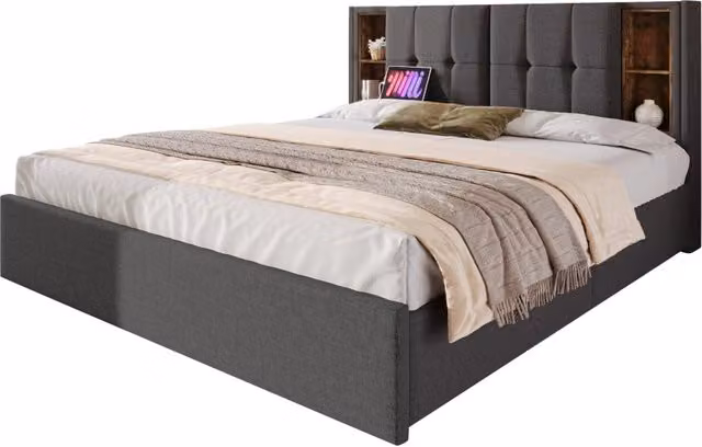 Letto Matrimoniale Moderno con Cassetti e Ricarica USB e Tipo C, Colore Grigio, L/P/H: 160 x 200 x 103 cm
