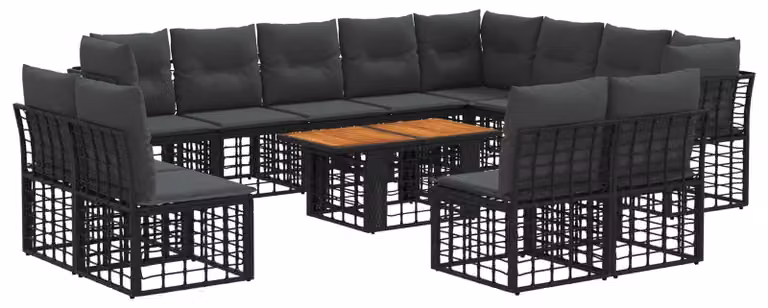 Set da giardino composto da 13 pezzi, in rattan sintetico nero e grigio scuro