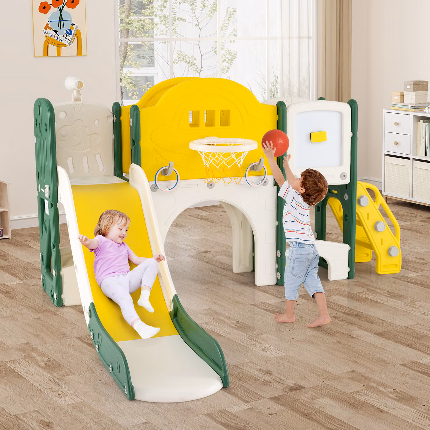 Set scivolo multifunzione 10 in 1 Costway con arrampicata, lavagna magnetica, telescopio e canestro da basket, multicolore
