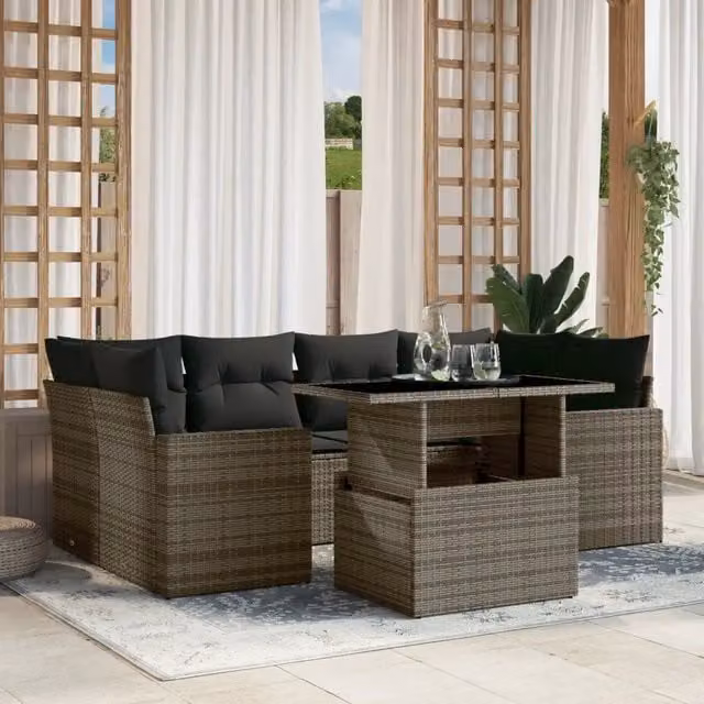 Set Divani da Giardino 7 pz con Cuscini Grigio in Polyrattan 3267130