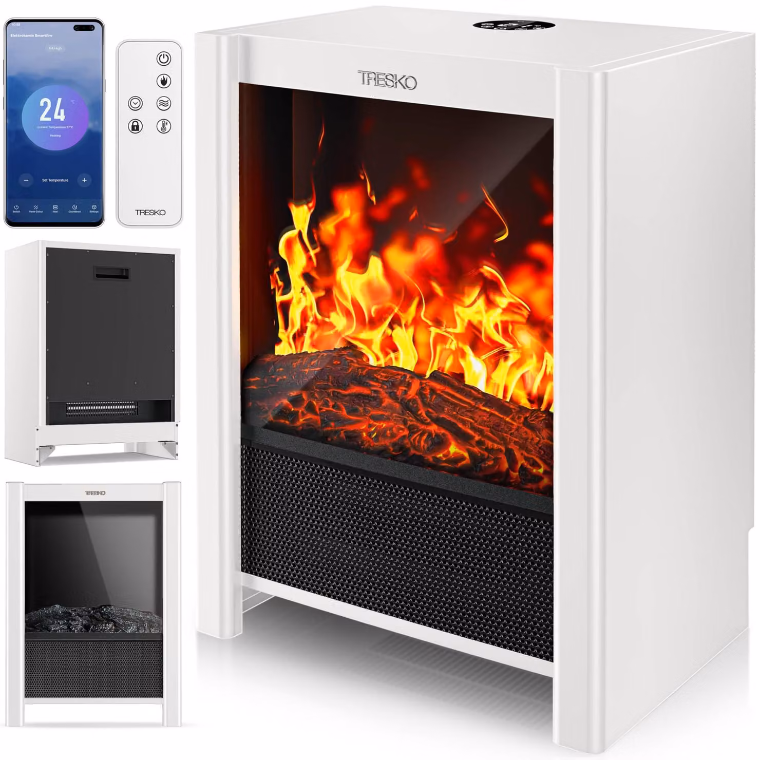 Stufa elettrica a pavimento - 2000 W di potenza - Metallo bianco - Effetto fiamma a LED - Stufa d'atmosfera