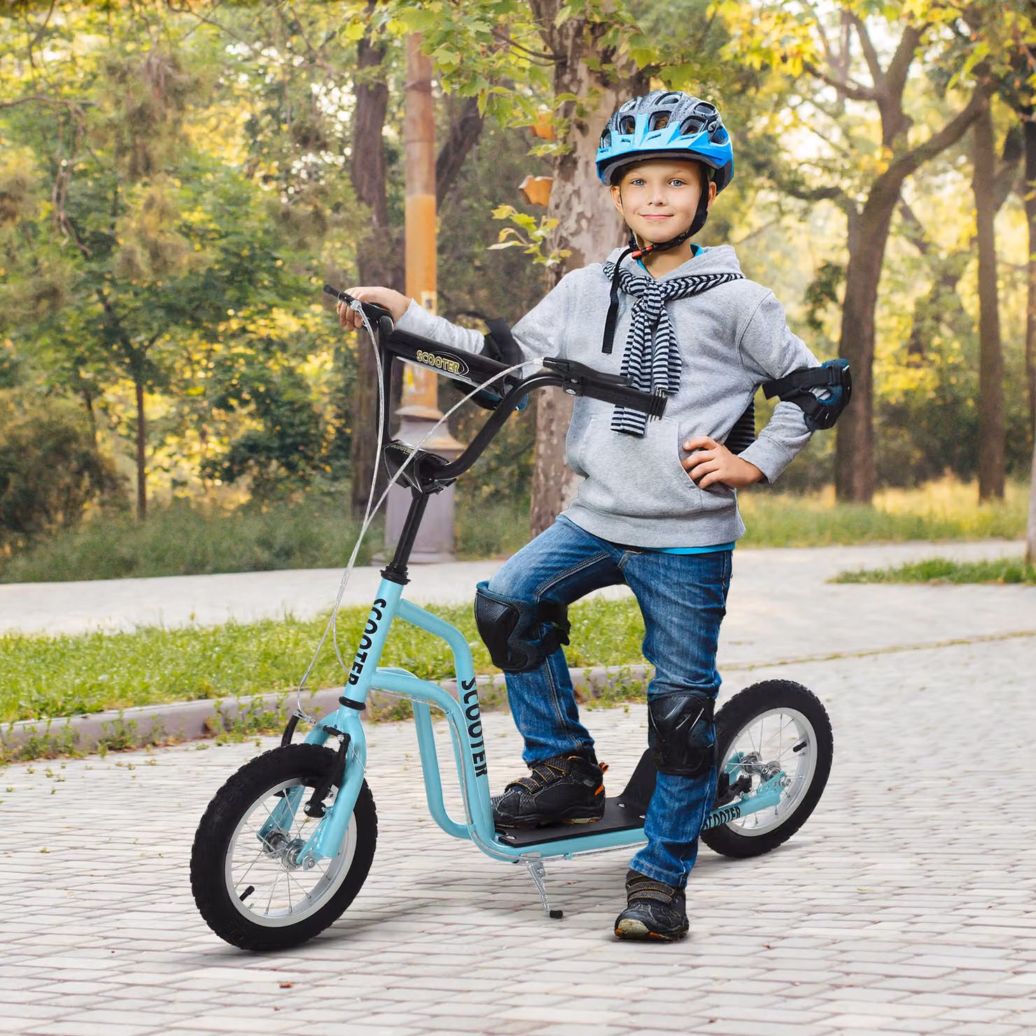 Monopattino HOMCOM per bambini con manubrio regolabile e freno a mano, Cityroller in metallo blu per ragazzi e ragazze dai 5 anni – 2