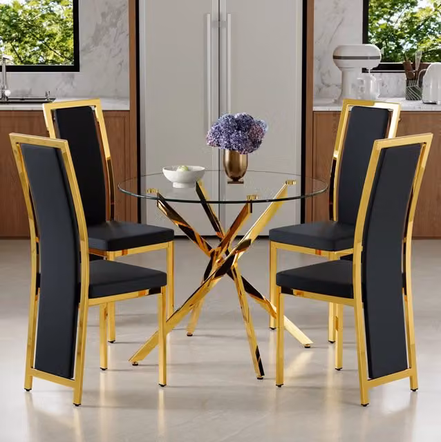 Set tavolo da pranzo rotondo 88 cm in vetro temperato, nero e oro, per piccoli spazi –