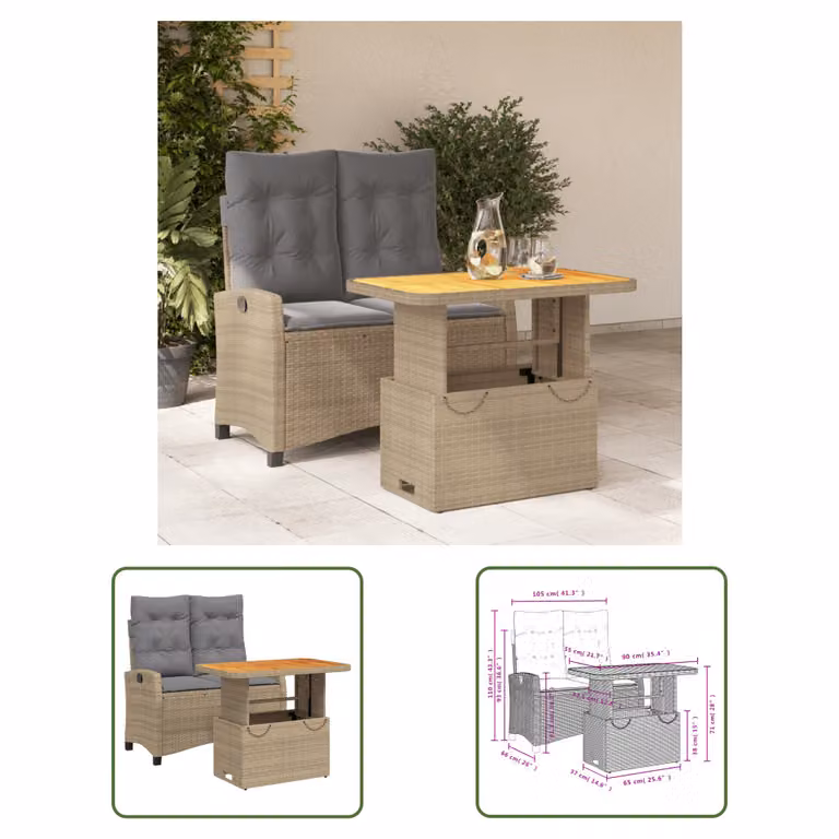 The Living Store Set da pranzo da giardino a 2 pezzi con cuscini Beige poly rattan