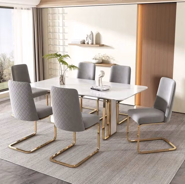 Set di 6 sedie da pranzo in velluto grigio con schienale a rombi e gambe in metallo