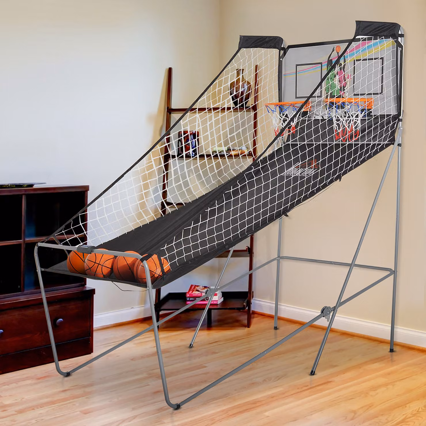 Canestri da basket HOMCOM con tabellone LED, 4 palloni e 8 modalità di gioco, pieghevole, Bianco e Nero, H 205 x L 110 x P 205 cm – 2
