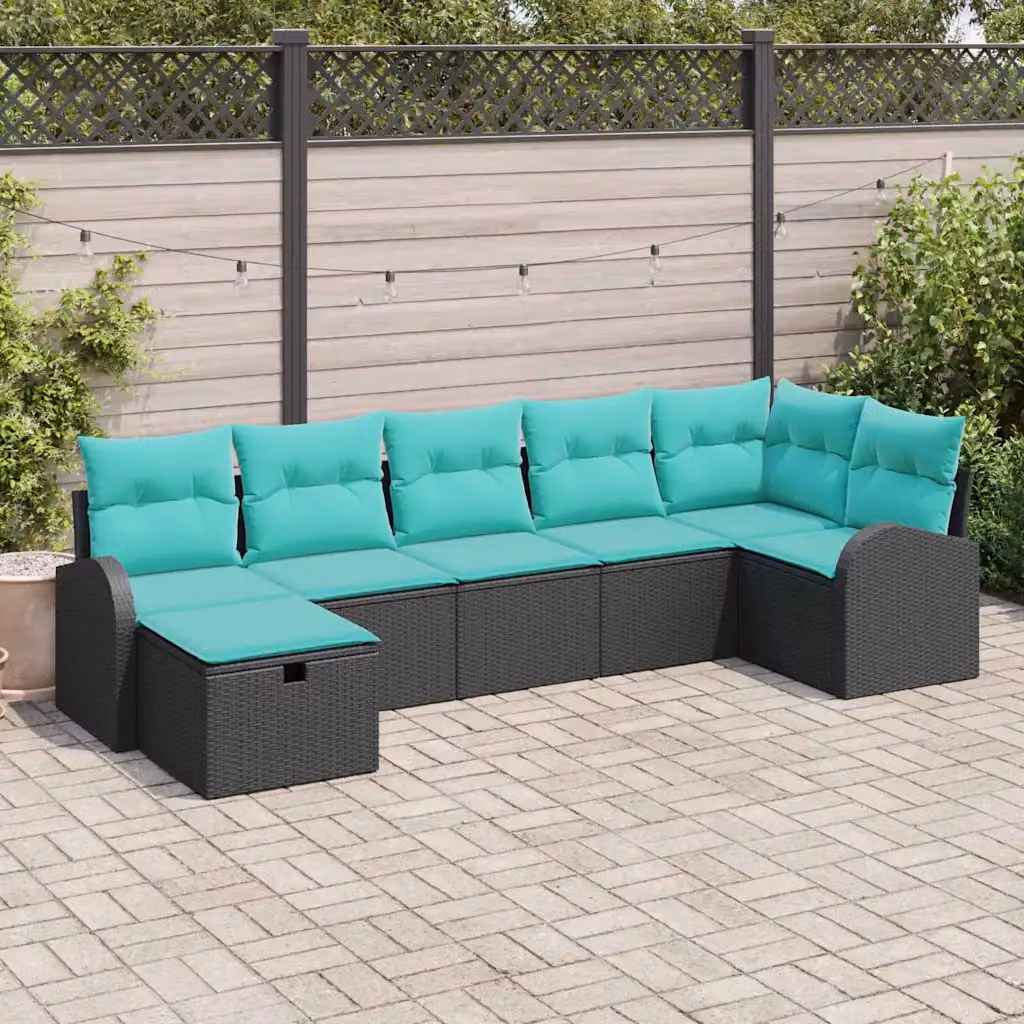 Set Divano da Giardino vidaXL 7 Pezzi a Forma di U con Tavolino e Pouf, Colore Nero e Turchese, Struttura in Acciaio e Polyrattan con Cuscini Imbottiti