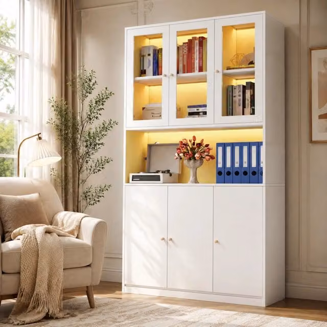 Libreria con vetrina in vetro; LED a colori variabili; vano aperto e 3 ante; MDF bianco; 100×35×200 cm