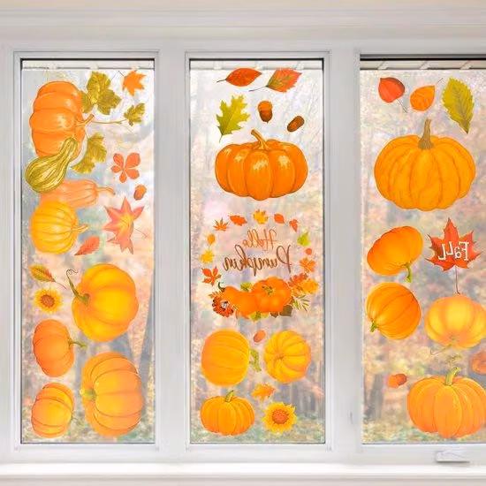 Set decorativo autunnale con 9 adesivi a forma di foglie e zucche - Bifacciali e riutilizzabili - Decorazioni per finestre a tema autunnale