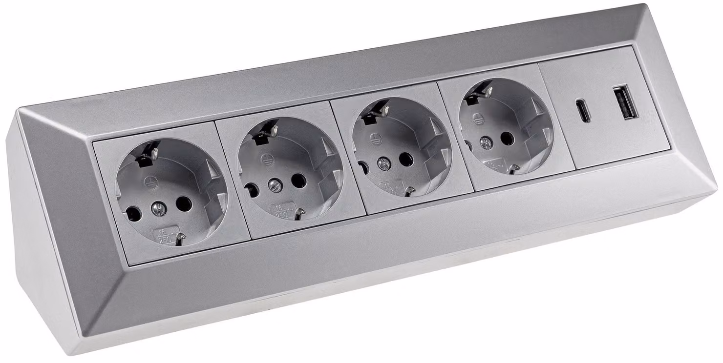 blocco presa a 4 vie USB-A+C argento 250V~/16A montaggio superficiale USB 3,1A