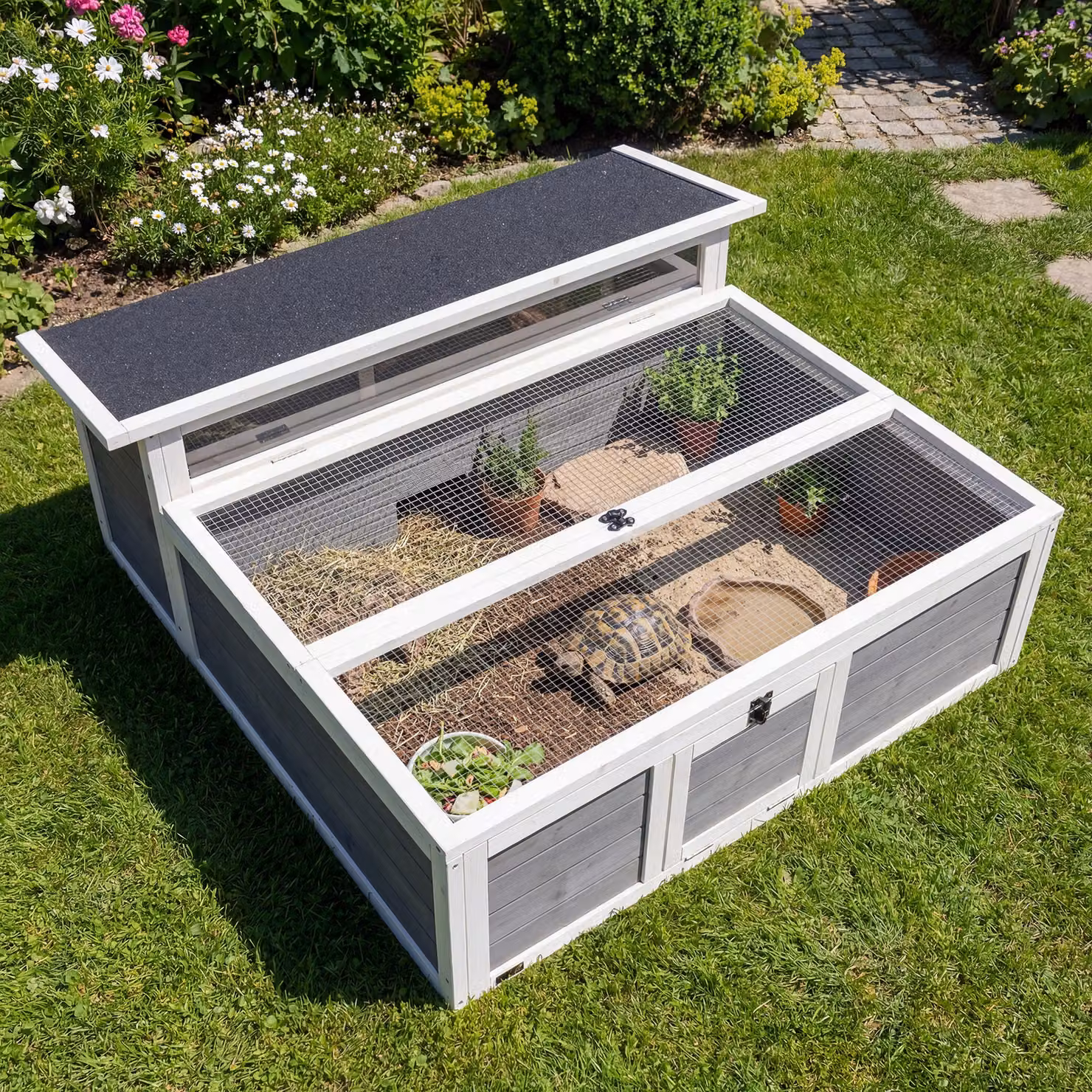 Casa per tartarughe di terra PawHut in legno di abete con coperchio apribile e porte multiple, Grigio scuro – 2