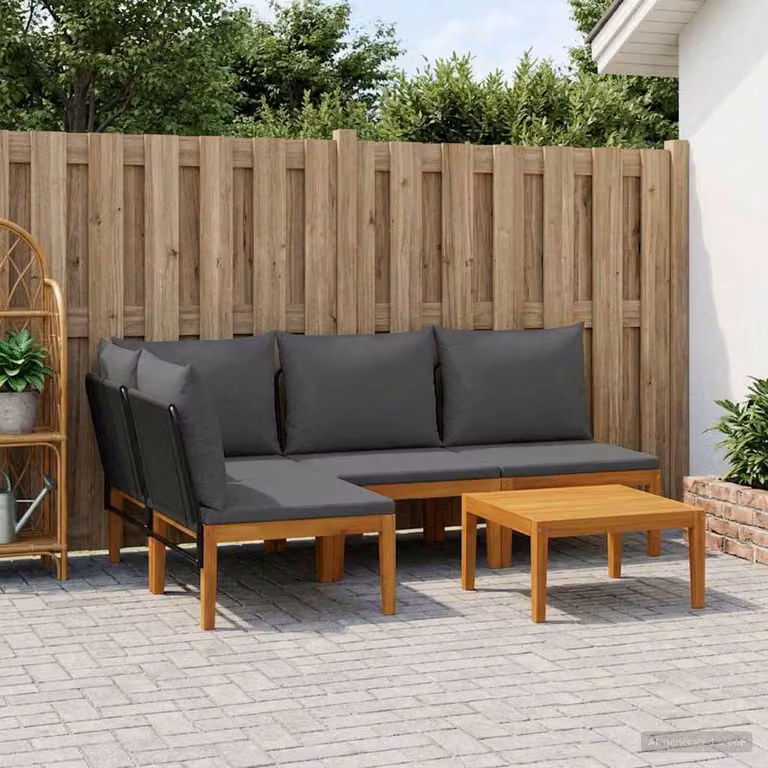 Set da giardino moderno vidaXL in legno di acacia con divano angolare a L, tavolino e 5 pezzi con cuscini in tessuto per esterno