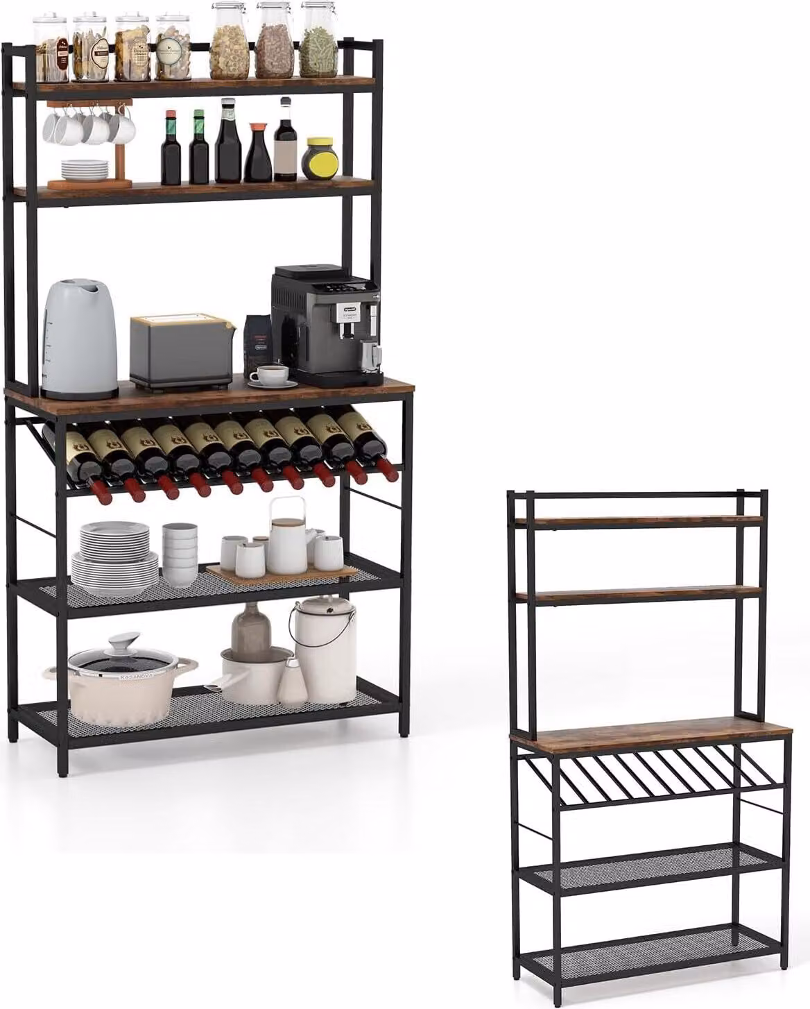 KOMFOTTEU Scaffale da cucina a 6 ripiani, scaffale da terra con portabottiglie, scaffale per microonde in metallo e legno, scaffale a rete con 6 ganci inclusi, 90x35x165 cm