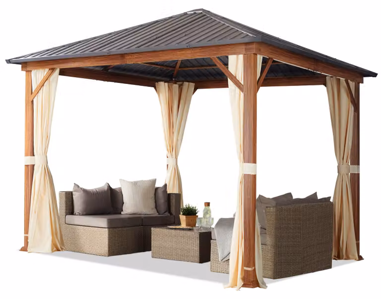 TOOLPORT Gazebo da giardino 3x3 m look legno, tetto Hardtop in acciaio, 4 teli laterali color crema