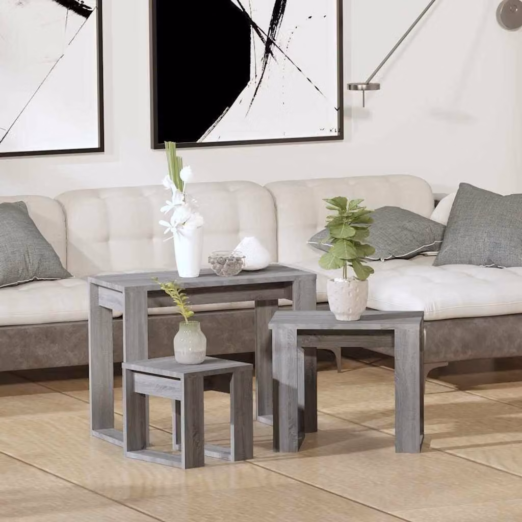 Set di 3 tavolini impilabili vidaXL in legno multistrato e MDF, colore grigio Sonoma, design moderno per soggiorno o camera da letto
