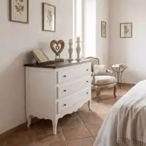 Comò classico provenzale in legno Shabby chic bianco e noce scuro
