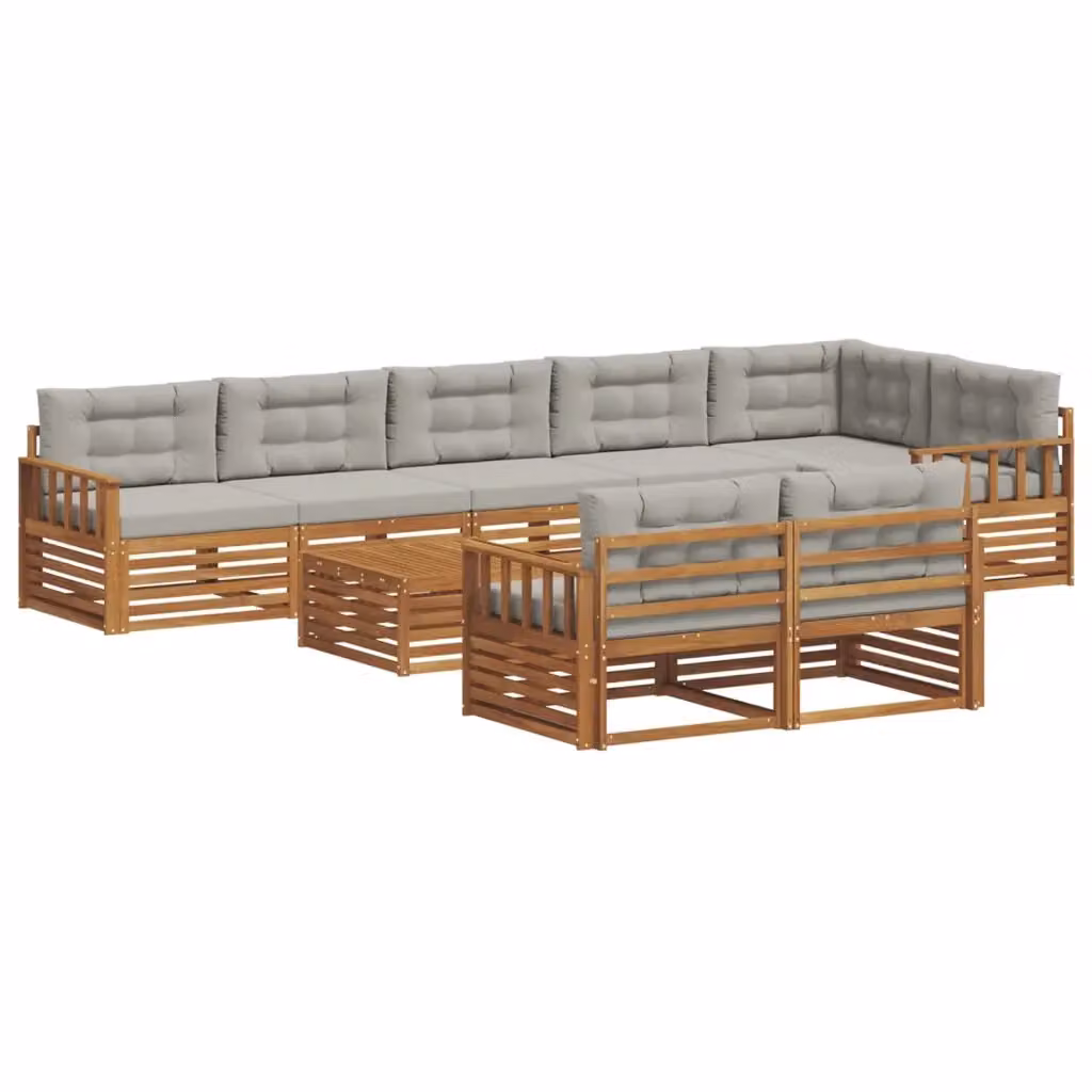 Set di divani da esterno a L con tavolo da caffè vidaXL, 9 pezzi, in legno di acacia e tessuto grigio – 2