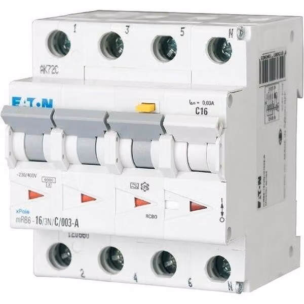 Combinazione interruttore differenziale/interruttore automatico Eaton, 13 A, 300 mA, caratteristica dell'interruttore automatico: B, 3fase+N, caratteristica dell'interruttore differenziale: A 120655
