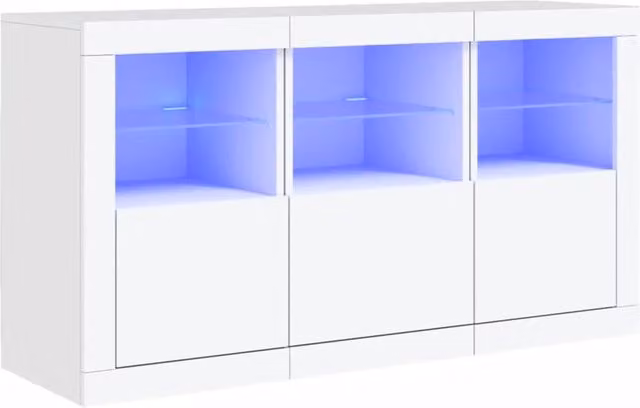 Buffet credenza moderna con luci LED e inserti in vetro, mobile contenitore bianco per cucina e soggiorno, L 123 x P 37 x H 67 cm