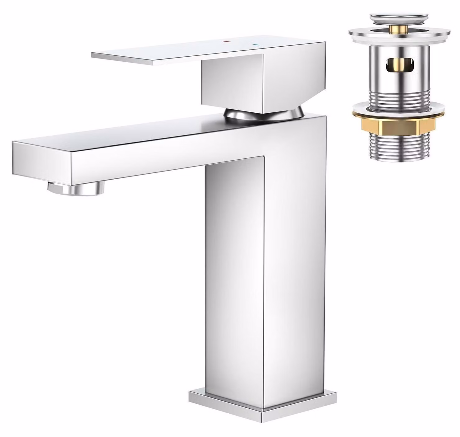 Miscelatore monocomando per lavabo, design quadrato, con sistema di scarico a tappo a scomparsa, finitura cromata