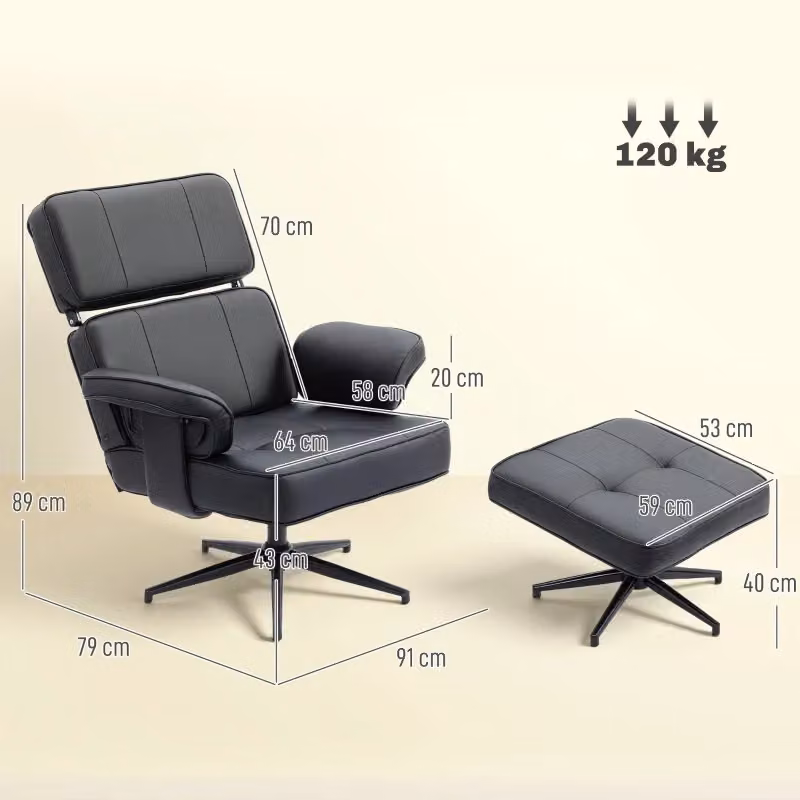 Poltrona relax girevole WISHDOR con poggiapiedi, rivestimento in similpelle nera e base in metallo – 2