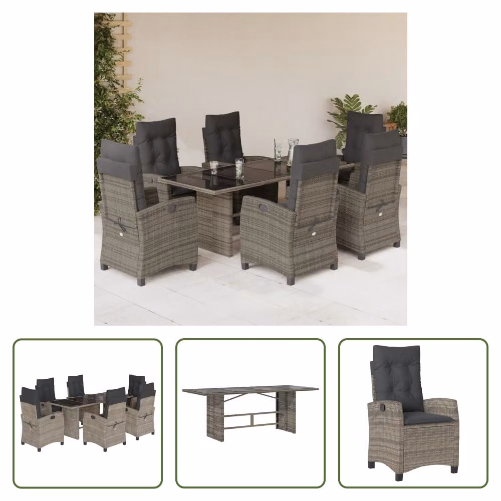 The Living Store Set da pranzo da giardino 7 pezzi con cuscini in poly rattan grigio