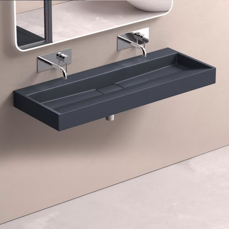 doporro Lavabo da Appoggio Bagno Sospeso Lavandino Rettangolare in Marmoresina con Piletta di Scarico Inclusa Colossum19, 120x46x11 cm Antracite Opaco Senza Foro per Rubinetto
