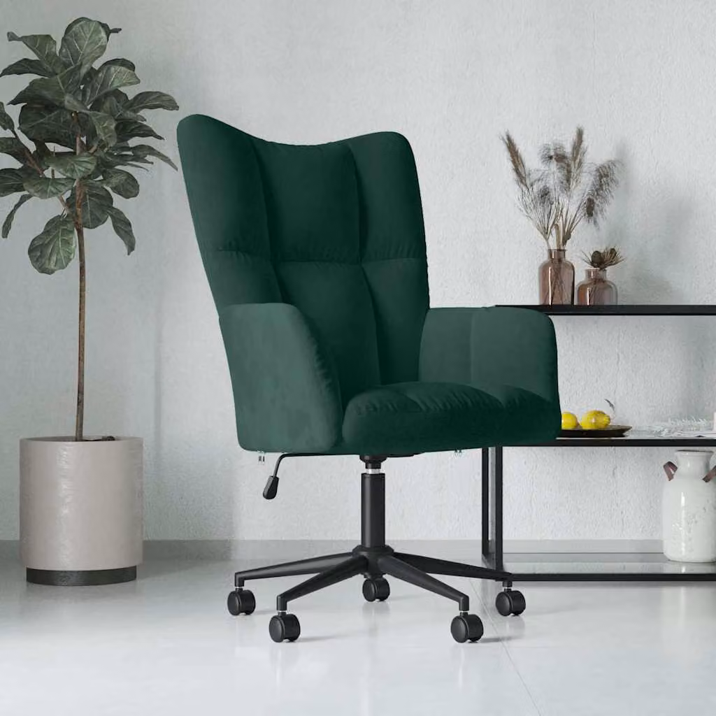 Sedia Relax moderna vidaXL in velluto verde con braccioli e ruote, regolabile in altezza e girevole a 360 gradi, H 102 x L 61,5 x P 69 cm