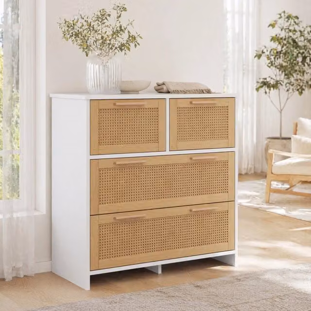 Cassettiera ULEVR 80x80x38 cm con 4 cassetti in rattan, piano da 50 kg, naturale e bianco
