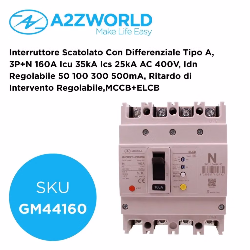 Interruttore Scatolato con Differenziale Tipo A A2ZWORLD 3P+N 160A Idn Regolabile 50-500mA – 2