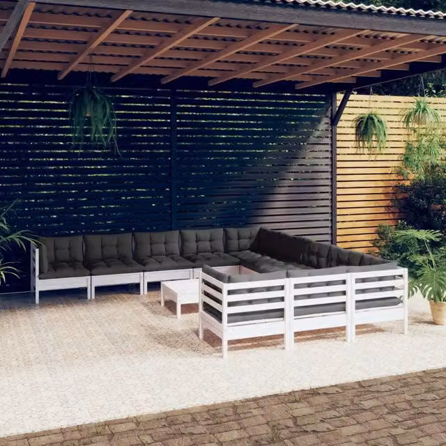 Set di Divani da Giardino a L vidaXL in Legno di Pino con Cuscini, Bianco e Antracite – 1
