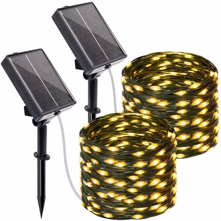 Catena luminosa solare, 10 metri, 100 LED, luce bianco caldo, grado di protezione IP65, 8 modalità