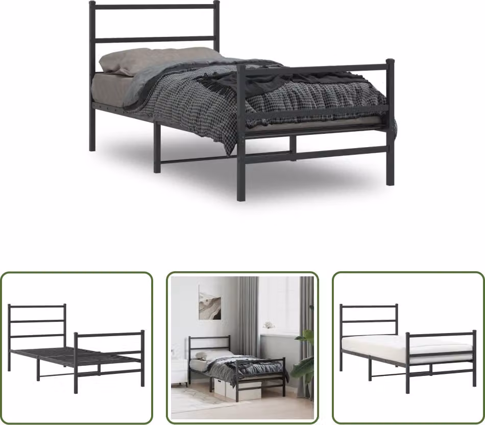The Living Store Struttura letto con testiera e pediera in metallo nero 90x190 cm
