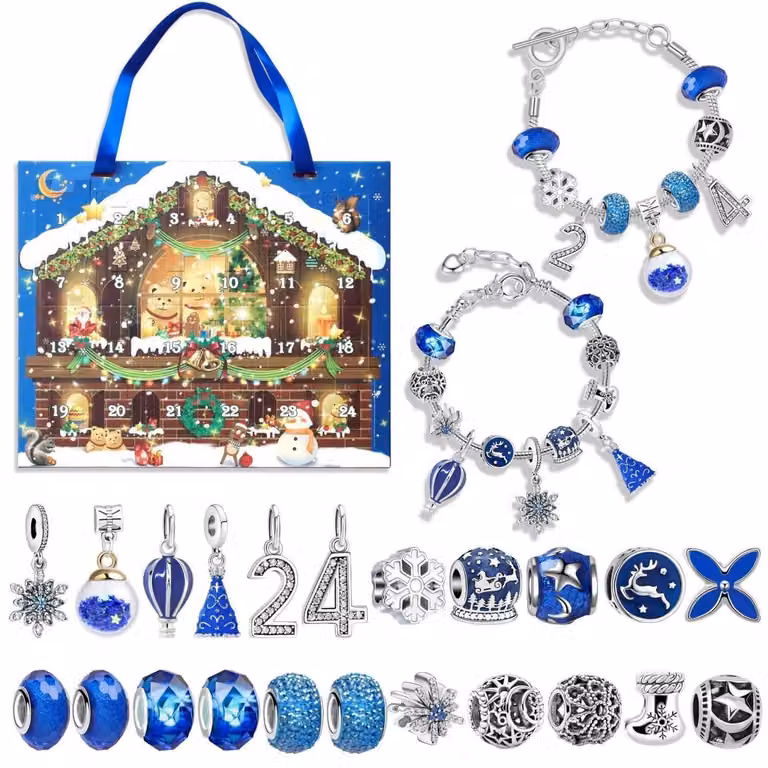 Calendario dell'Avvento per bambini, ragazze, gioielli, anno 2026, kit per creare braccialetti con ciondoli, 24 giorni, colore blu