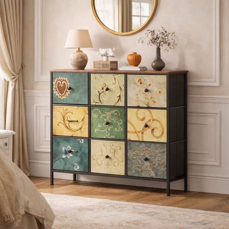 Comodino con 9 cassetti rivestiti in tessuto, comodino sottile per la camera da letto con struttura in metallo e piano in legno, stile vintage bohémien