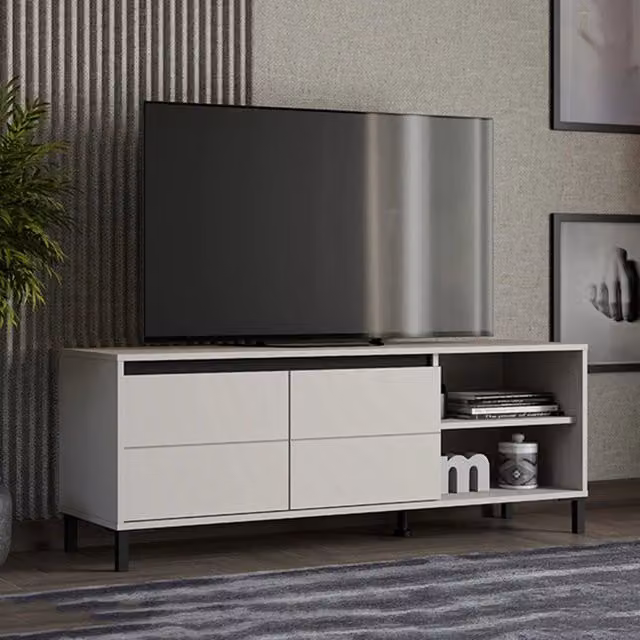 Mobile Porta TV Cigno DMORA con 2 Ripiani, Bianco Crema, L: 138 cm, P: 40 cm, H: 52 cm